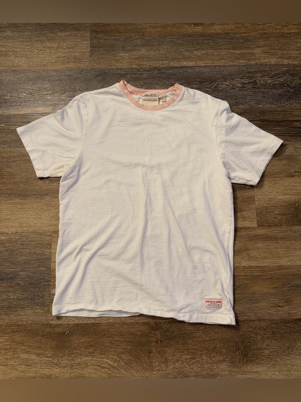 Scotch & Soda Seersucker Textured Tee Cream Peach Mens Medium White T Shirt